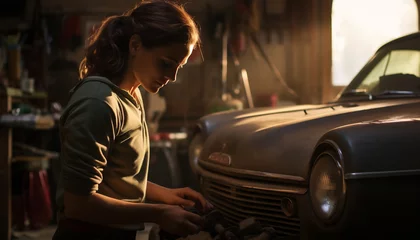 Foto auf Acrylglas Oldtimer female mechanic repairing a vintage car Generative AI