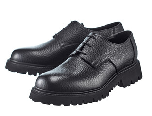 Amazing pair of men's derby boots made of pimpled dense black leather with lacing, on a high powerful sole, isolated on a white background. - 663155714
