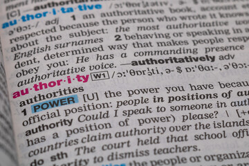 Authority word in the dictionary. Power or control or command concept background