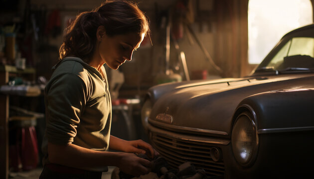female mechanic repairing a vintage car Generative AI