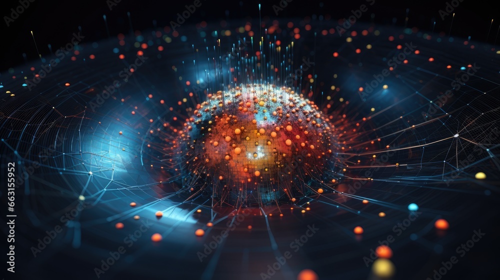 Poster Spatial data complexity representation. Big data sphere concept visualization. Analytics abstract concept. Graphic background.