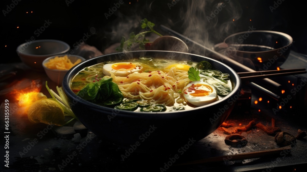 Sticker Hot Noodle Curry Asian Hong Kong Japanese Ramen Soup Hot Food South Asian Egg Mushroom Chopsticks SeaWeed Bouillon Cabbage Steamy Food Dark Mood