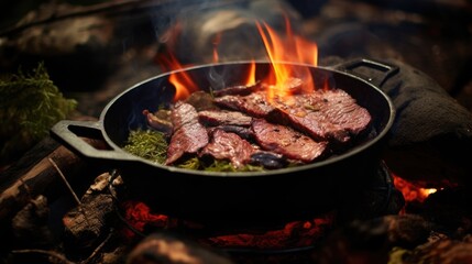 Campfire red meat in pan, near the fire outdoors. bushcraft, adventure, tea, knife and camping concept