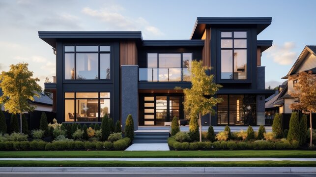 Beautiful Home Exterior design of residential fronts that are varied and interesting to look at. Neighborhood new modern houses in Vancouver. Canadian modern residential architecture. Street photo