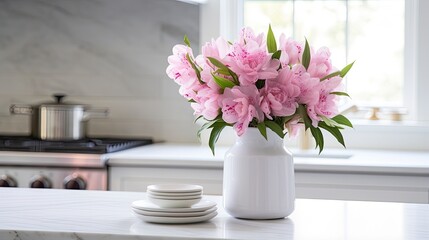 A white vase full of pink flowers is sitting on counter.