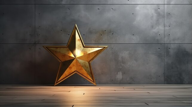 Golden retro star on concrete background and wooden floor. 3D rendering