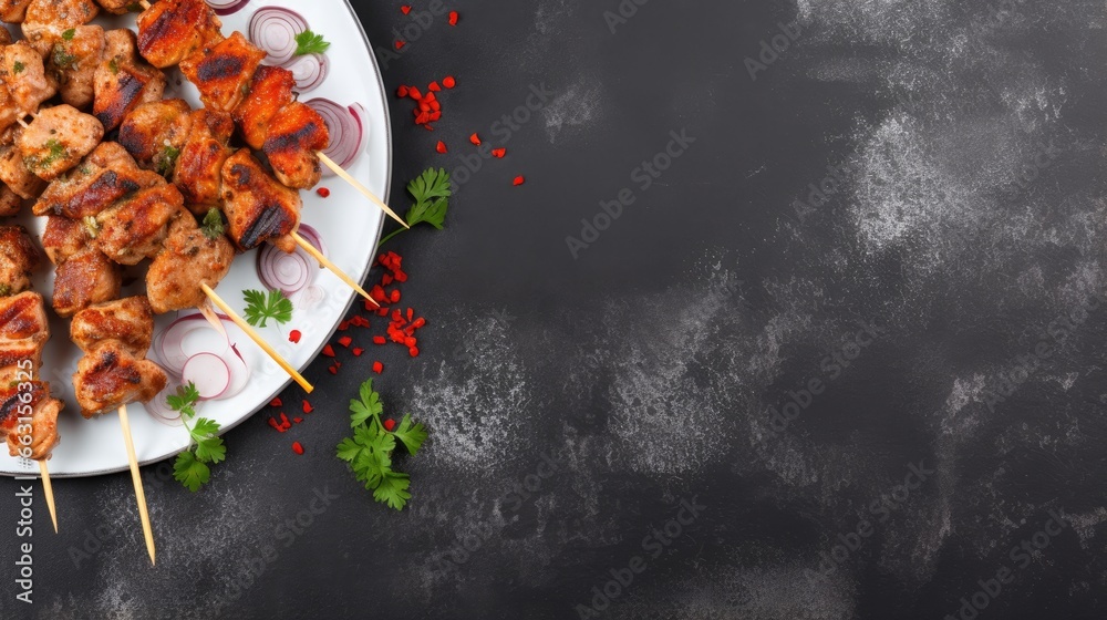 Poster chicken kebab skewers on a plate over light grey slate, stone or concrete background . top view with