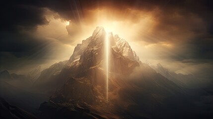 Fototapeta premium Heavenly rays of sunlight above mountain peak