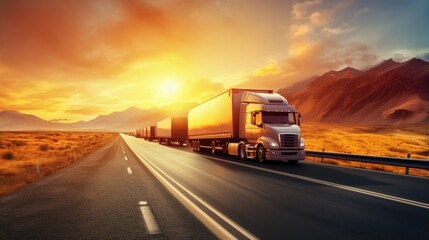 Generic semi trucks speeding on the highway at sunset - Transport industry concept with semitruck containers driving to the mountain pass - Warm editing with pop filtered sunshine and blurred edges - obrazy, fototapety, plakaty