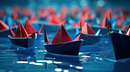 Origami paper ship boats, female success leadership, strategy planning development, social media influence marketing, HR recruiter, disruptive innovation, breakthrough business model solutions concept - obrazy, fototapety, plakaty