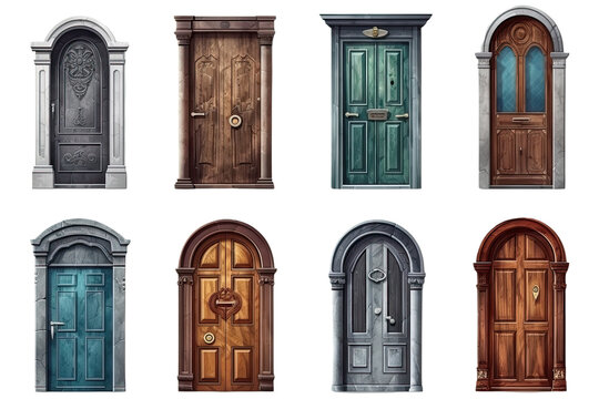 Set of Different doors illustration isolated on white transparent background, PNG , Generative AI	
