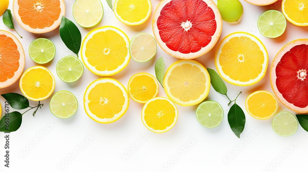 Poster flat lay composition with different citrus fruits on white background