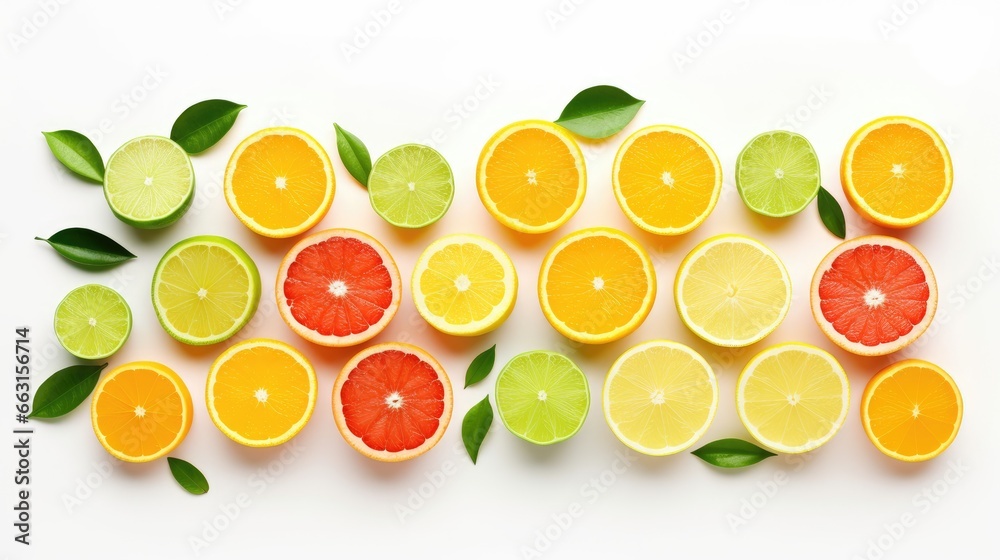 Poster Flat lay composition with different citrus fruits on white background