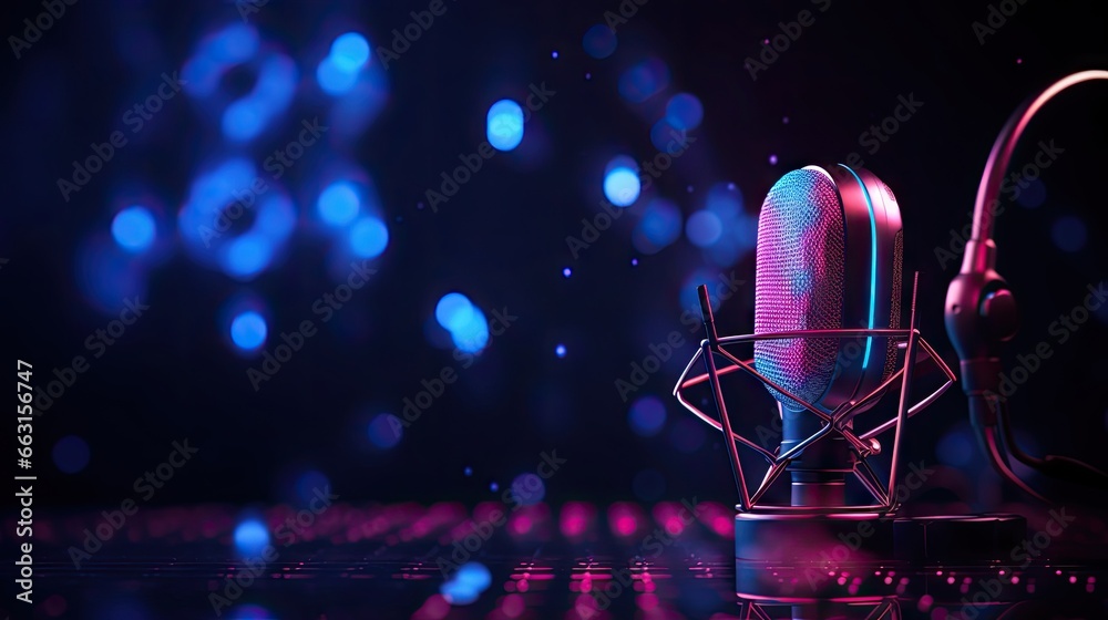 Sticker Podcast microphone in the dark with pink and blue ligthing, audio wave signal and copy space. Recording studio banner design.