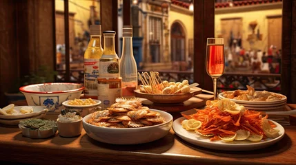 Poster Snacks with cod fish in tapas bar in Spain, traditional Spanish food © HN Works