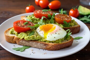 Fototapeta na wymiar Avocado toast with eggs and roasted tomatoes.
