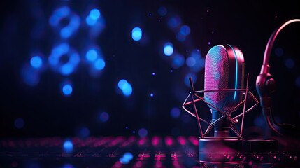 Podcast microphone in the dark with pink and blue ligthing, audio wave signal and copy space. Recording studio banner design. - obrazy, fototapety, plakaty