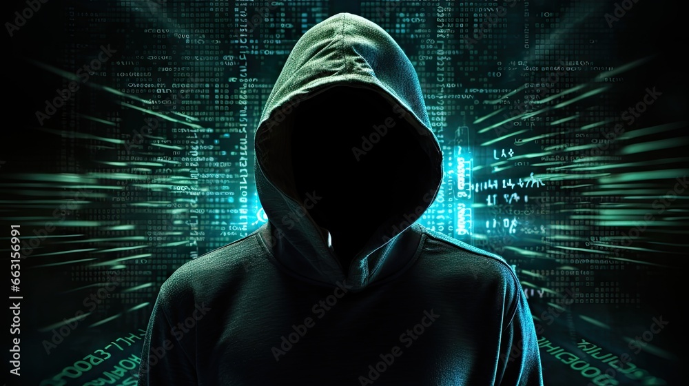 Poster Computer hacker silhouette of hooded man with binary data and network security terms