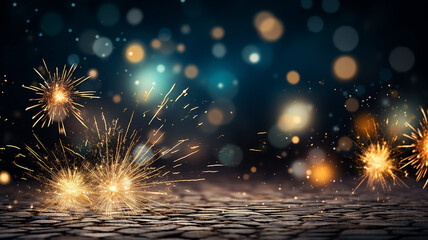 Fototapeta premium golden bokeh with fireworks flashes on a black festive background, isolated night