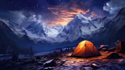Camping in the wilderness. A pitched tent under the glowing night sky stars of the milky way with snowy mountains in the background. Nature landscape