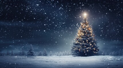 Illuminated christmas tree at night with falling snow and copy space