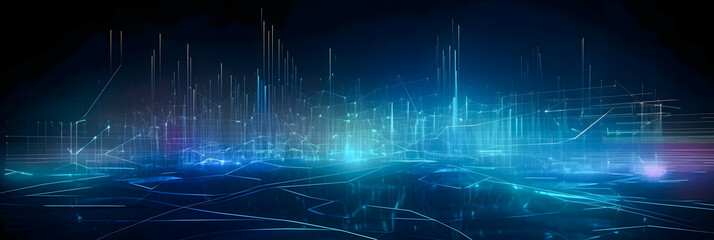 Obraz premium Abstract technology banner background, Network light effect, blue and orange color. Concept visualization of sound waves. Generation AI.