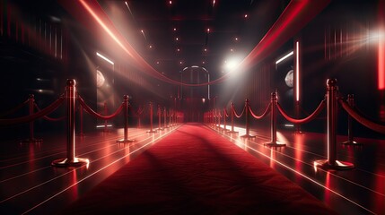 Red carpet between rope barriers in the party - obrazy, fototapety, plakaty