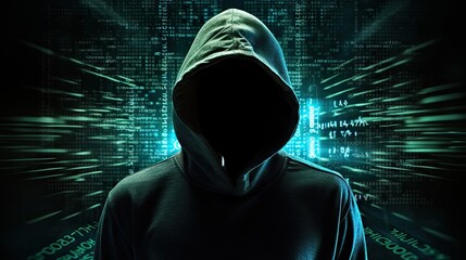 Computer hacker silhouette of hooded man with binary data and network security terms