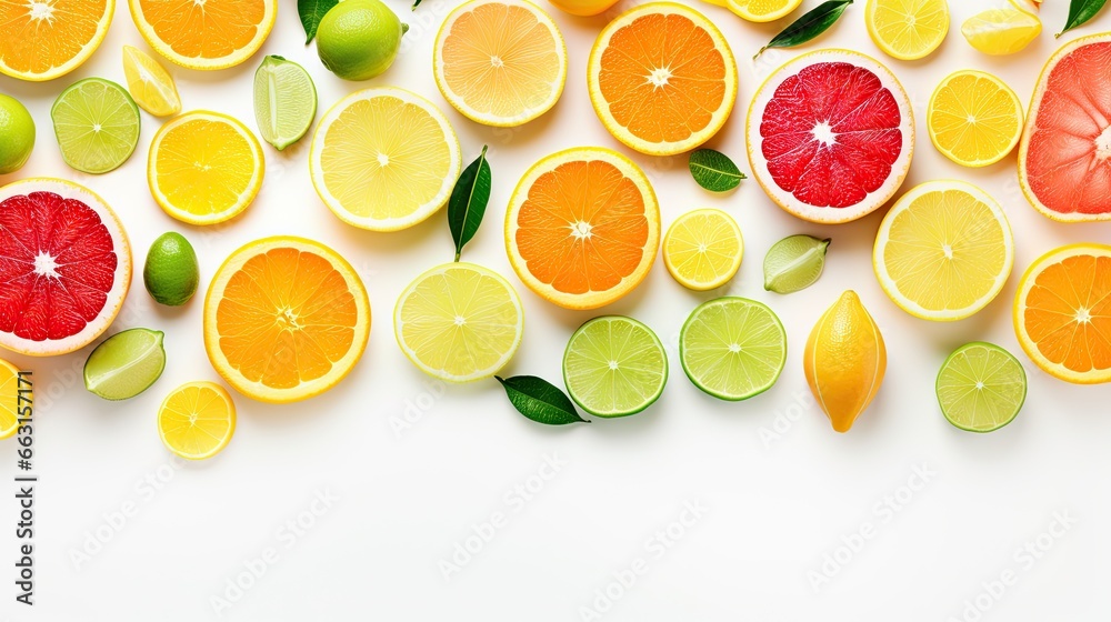 Poster flat lay composition with different citrus fruits on white background