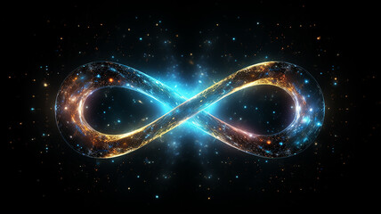 glowing multicolored infinity symbol galaxy black cosmos, singularity sign isolated on background - obrazy, fototapety, plakaty