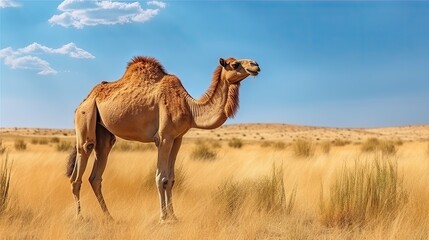 Dromedary or Arabian camel, Camelus dromedarius, even-toed ungulate with one hump on back. Camel in the long golden grass in Shaumary Reserve, Jordan, Arabia. Summer day in wild nature. - obrazy, fototapety, plakaty