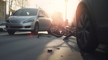 Bicycle traffic accident on road. Driver of Car hit biker of cycle on City Street, sunlight