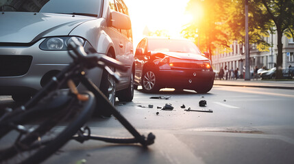 Bicycle traffic accident on road. Driver of Car hit biker of cycle on City Street, sunlight - obrazy, fototapety, plakaty