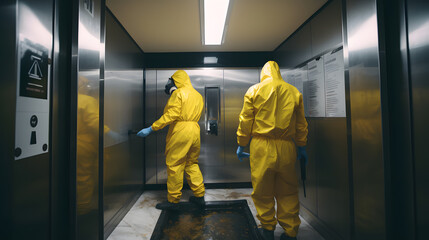 Team people in hazmats making cleaning in lift apartment. Concept biosecurity disinfection - obrazy, fototapety, plakaty