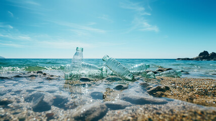 tower of collected empty plastic bottles on the seashore, the concept of pollution of the world's oceans with plastic