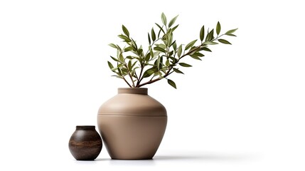 Clay pot with branch isolated on white background. A piece of furniture in a rustic or Scandinavian style. Still life with vase for interior design decoration.