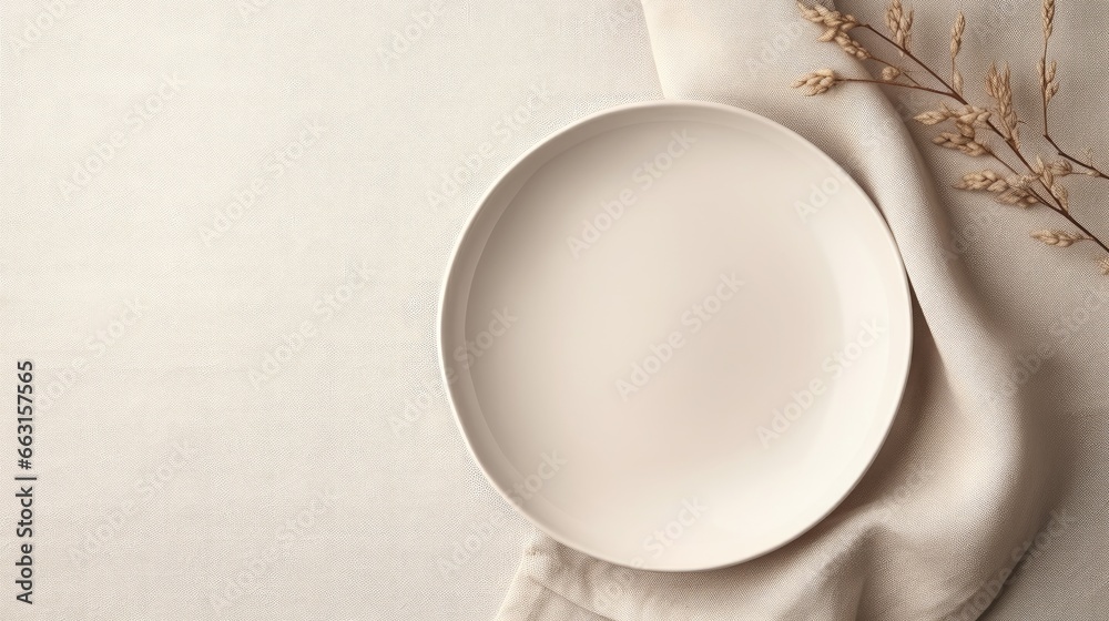 Poster plate mockup, empty modern minimal table place setting neutral beige color top view.flowers cotton b