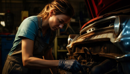 Fototapeta na wymiar female mechanic repairing a vintage car Generative AI