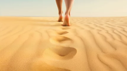 Foto op Canvas Single human barefoot footprint of right foot in brown yellow sand beach background, summer vacation or climate change concept, copy space © HN Works