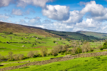 Fototapeta na wymiar Dry stone walls and stone cottages on a bright spring day with beautiful greens, Swaledale, North Yorkshire, UK