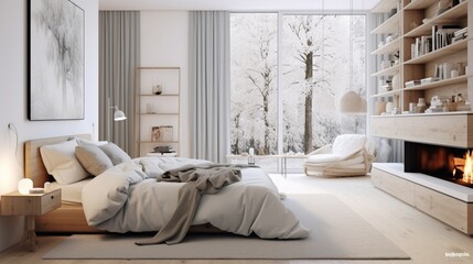 modern bedroom decor scheme with a Scandinavian influence, emphasizing hygge elements and cozy textiles