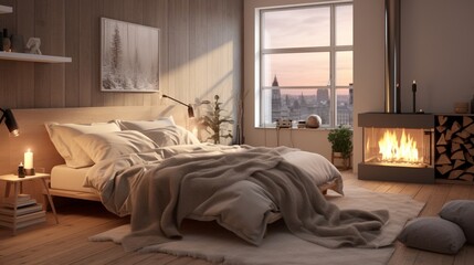 modern bedroom decor scheme with a Scandinavian influence, emphasizing hygge elements and cozy textiles