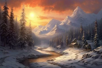Fototapeten Enchanting winter scenery with falling snow over majestic mountains and hills, depicted artistically. Generative AI © Ronald