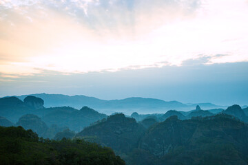 Fototapeta premium Wuyishan, Wuyishan City, Fujian Province - Aerial view of cityscape and mountains