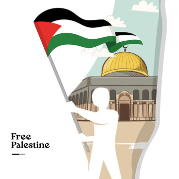Vector free palestine the boy stand with flag and al aqsa illustration