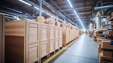 Row of unfinished wooden dressers at factory.