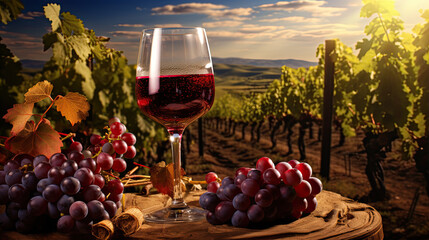 Verre de vin rouge et grappe de raisin au milieu d'un vignoble en France. - obrazy, fototapety, plakaty