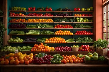 Kitchen shelves used to display fresh fruits and vegetables, - obrazy, fototapety, plakaty