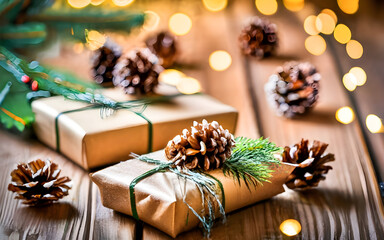 Obraz na płótnie Canvas Christmas gift boxes on wooden background with christmas lights in the background