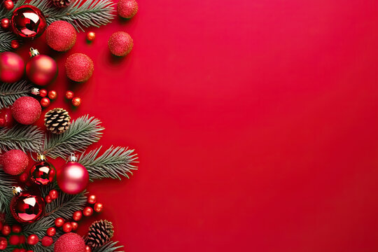Red Christmas background with fir branches, pine cones, christmas balls